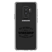 DistinctInk® Clear Shockproof Hybrid Case for Apple iPhone / Samsung Galaxy / Google Pixel - Hubby & I Run a Workshop - He Works I Shop