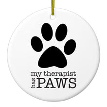 DistinctInk® Hanging Ceramic Christmas Tree Ornament with Gold String - Great Gift / Present - 2 3/4 inch Diameter - My Therapist Has Paws