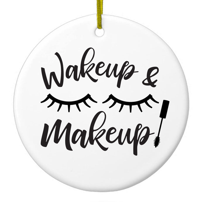 DistinctInk® Hanging Ceramic Christmas Tree Ornament with Gold String - Great Gift / Present - 2 3/4 inch Diameter - Wake Up & Makeup - Eye Lashes