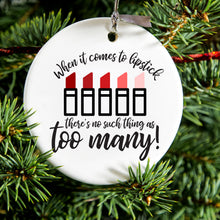 DistinctInk® Hanging Ceramic Christmas Tree Ornament with Gold String - Great Gift / Present - 2 3/4 inch Diameter - When It Comes to Lipstick, Never Too Many Red