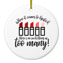 DistinctInk® Hanging Ceramic Christmas Tree Ornament with Gold String - Great Gift / Present - 2 3/4 inch Diameter - When It Comes to Lipstick, Never Too Many Red