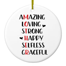 DistinctInk® Hanging Ceramic Christmas Tree Ornament with Gold String - Great Gift / Present - 2 3/4 inch Diameter - Mother Word Art - Amazing, Loving, Strong