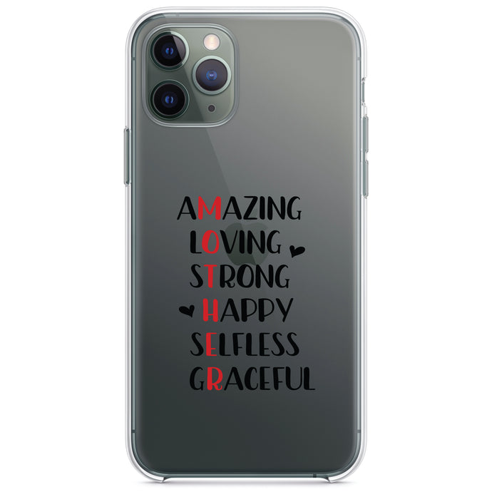 DistinctInk® Clear Shockproof Hybrid Case for Apple iPhone / Samsung Galaxy / Google Pixel - Mother Word Art - Amazing, Loving, Strong