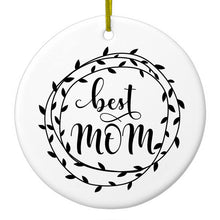 DistinctInk® Hanging Ceramic Christmas Tree Ornament with Gold String - Great Gift / Present - 2 3/4 inch Diameter - Best Mom - Vine Wreath