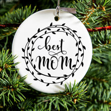 DistinctInk® Hanging Ceramic Christmas Tree Ornament with Gold String - Great Gift / Present - 2 3/4 inch Diameter - Best Mom - Vine Wreath