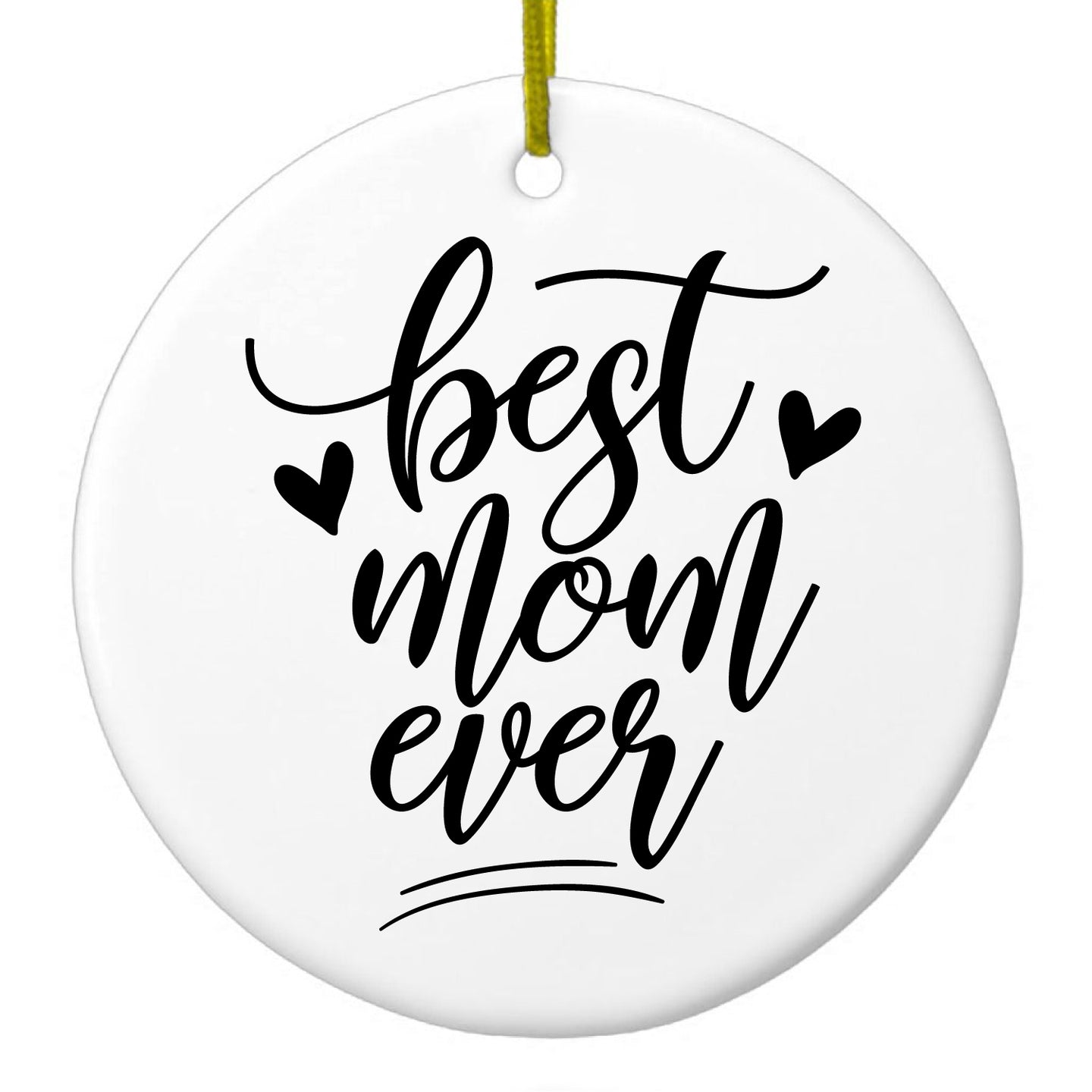 DistinctInk® Hanging Ceramic Christmas Tree Ornament with Gold String - Great Gift / Present - 2 3/4 inch Diameter - Best Mom Ever - Hearts