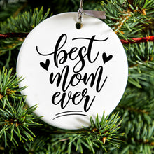 DistinctInk® Hanging Ceramic Christmas Tree Ornament with Gold String - Great Gift / Present - 2 3/4 inch Diameter - Best Mom Ever - Hearts