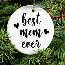 DistinctInk® Hanging Ceramic Christmas Tree Ornament with Gold String - Great Gift / Present - 2 3/4 inch Diameter - best mom ever - lowercase - hearts