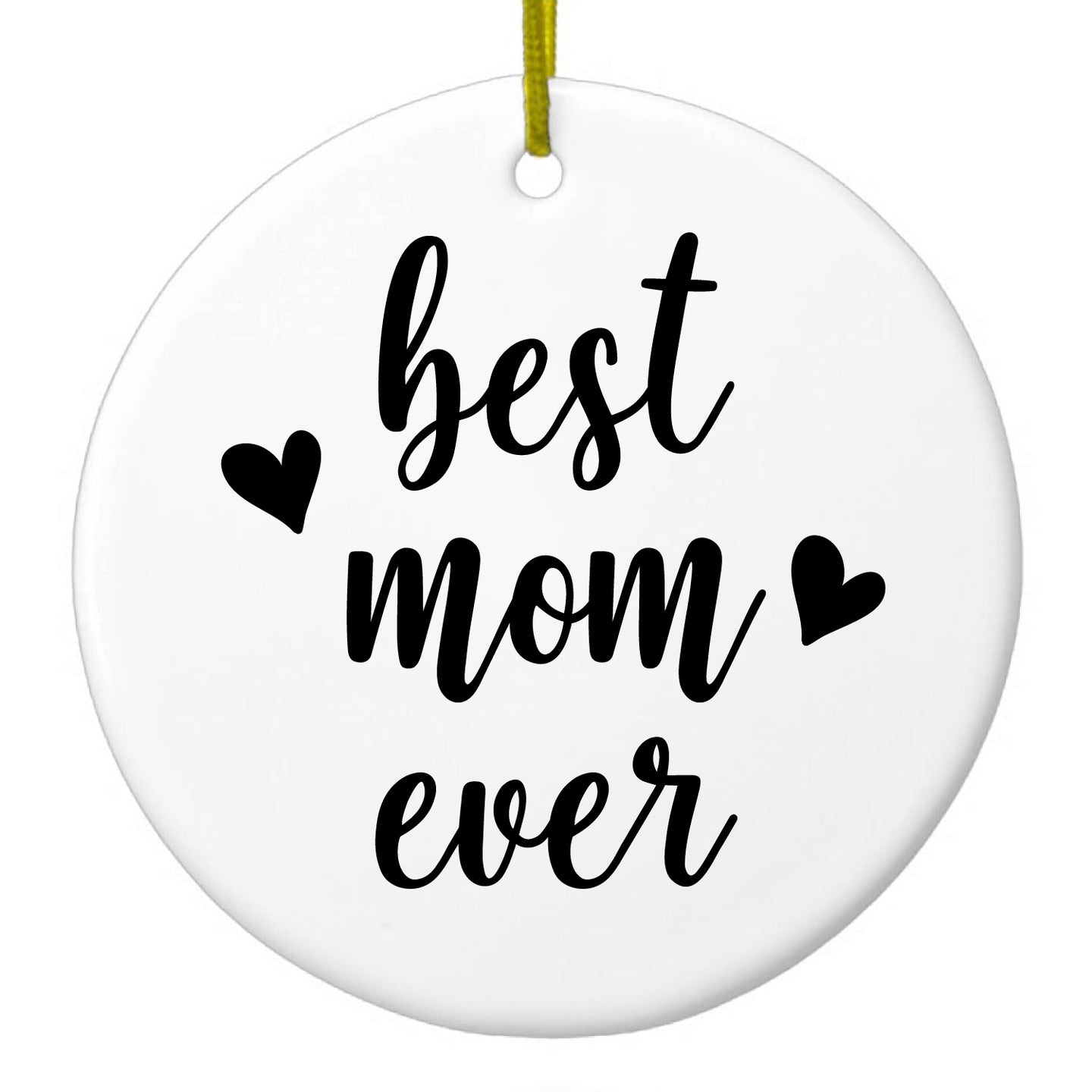 DistinctInk® Hanging Ceramic Christmas Tree Ornament with Gold String - Great Gift / Present - 2 3/4 inch Diameter - best mom ever - lowercase - hearts