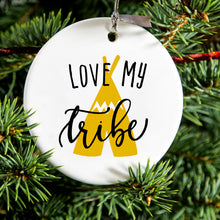 DistinctInk® Hanging Ceramic Christmas Tree Ornament with Gold String - Great Gift / Present - 2 3/4 inch Diameter - Love My Tribe - Yellow Teepee