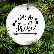 DistinctInk® Hanging Ceramic Christmas Tree Ornament with Gold String - Great Gift / Present - 2 3/4 inch Diameter - Love My Tribe - Black Arrow