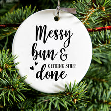 DistinctInk® Hanging Ceramic Christmas Tree Ornament with Gold String - Great Gift / Present - 2 3/4 inch Diameter - Messy Bun & Getting Stuff Done