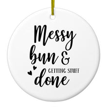 DistinctInk® Hanging Ceramic Christmas Tree Ornament with Gold String - Great Gift / Present - 2 3/4 inch Diameter - Messy Bun & Getting Stuff Done