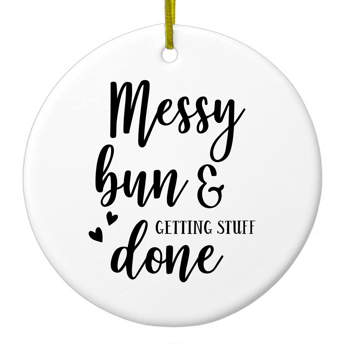 DistinctInk® Hanging Ceramic Christmas Tree Ornament with Gold String - Great Gift / Present - 2 3/4 inch Diameter - Messy Bun & Getting Stuff Done