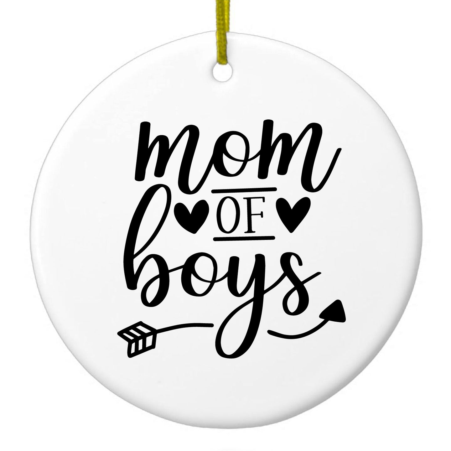 DistinctInk® Hanging Ceramic Christmas Tree Ornament with Gold String - Great Gift / Present - 2 3/4 inch Diameter - Mom of Boys