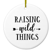 DistinctInk® Hanging Ceramic Christmas Tree Ornament with Gold String - Great Gift / Present - 2 3/4 inch Diameter - Raising Wild Things - Mom