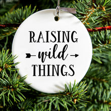 DistinctInk® Hanging Ceramic Christmas Tree Ornament with Gold String - Great Gift / Present - 2 3/4 inch Diameter - Raising Wild Things - Mom