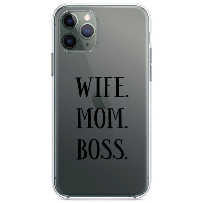 DistinctInk® Clear Shockproof Hybrid Case for Apple iPhone / Samsung Galaxy / Google Pixel - Wife. Mom. Boss. (Serif)