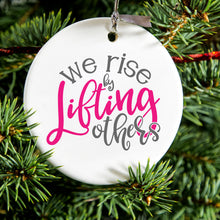 DistinctInk® Hanging Ceramic Christmas Tree Ornament with Gold String - Great Gift / Present - 2 3/4 inch Diameter - We Rise by Lifting Others