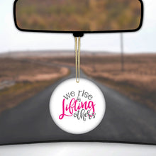 DistinctInk® Hanging Ceramic Christmas Tree Ornament with Gold String - Great Gift / Present - 2 3/4 inch Diameter - We Rise by Lifting Others