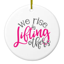 DistinctInk® Hanging Ceramic Christmas Tree Ornament with Gold String - Great Gift / Present - 2 3/4 inch Diameter - We Rise by Lifting Others