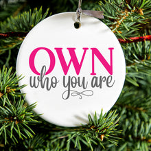 DistinctInk® Hanging Ceramic Christmas Tree Ornament with Gold String - Great Gift / Present - 2 3/4 inch Diameter - OWN Who Your Are