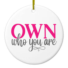 DistinctInk® Hanging Ceramic Christmas Tree Ornament with Gold String - Great Gift / Present - 2 3/4 inch Diameter - OWN Who Your Are