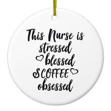 DistinctInk® Hanging Ceramic Christmas Tree Ornament with Gold String - Great Gift / Present - 2 3/4 inch Diameter - This Nurse Is Stressed Blessed & Coffee Obsessed