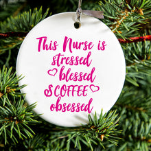 DistinctInk® Hanging Ceramic Christmas Tree Ornament with Gold String - Great Gift / Present - 2 3/4 inch Diameter - Nurse Is Stressed Blessed & Coffee Obsessed - Pink
