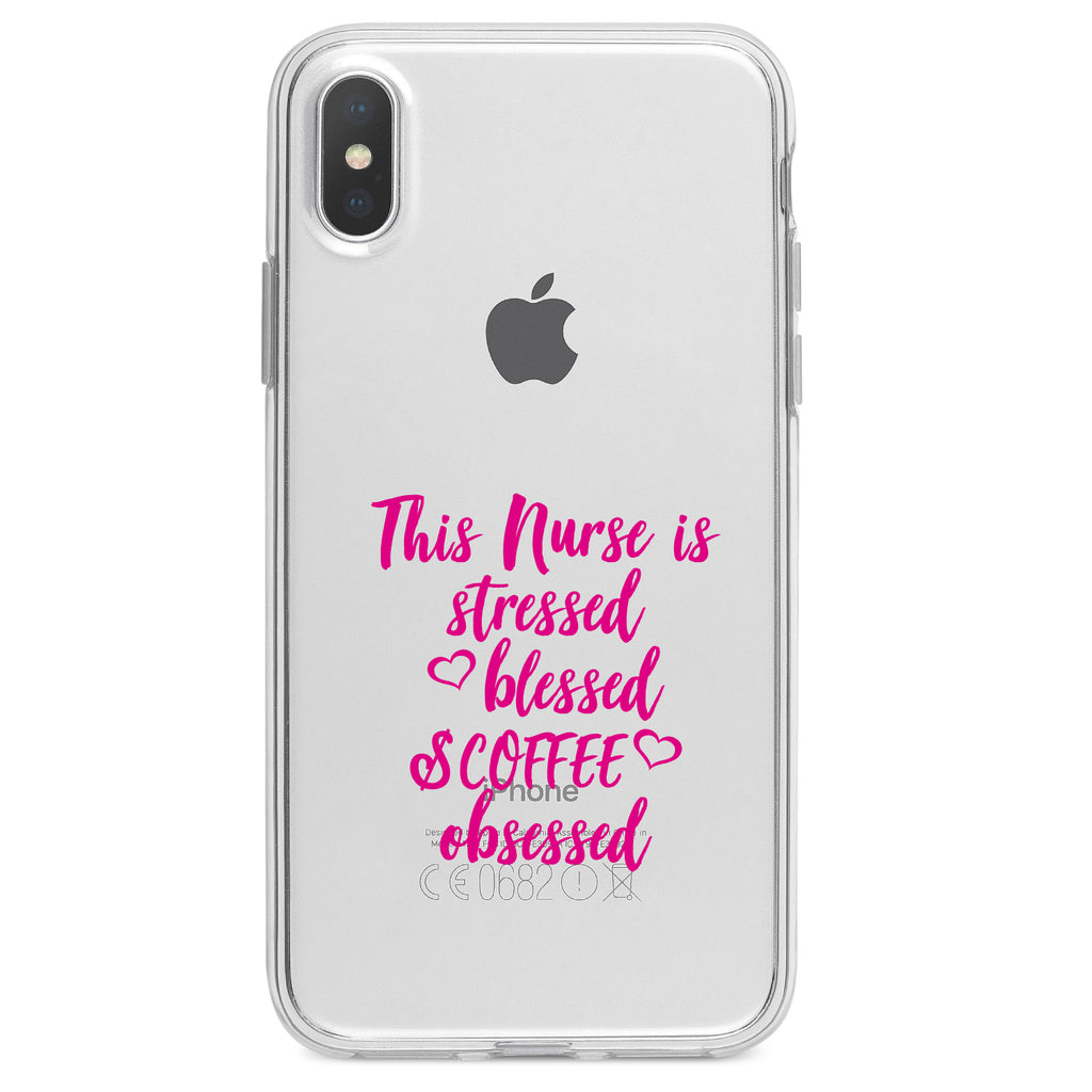 Nurse Is Stressed Blessed & Coffee Obsessed, Pink Clear Shockproof iPhone Case, view 4