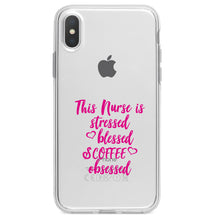 DistinctInk® Clear Shockproof Hybrid Case for Apple iPhone / Samsung Galaxy / Google Pixel - Nurse Is Stressed Blessed & Coffee Obsessed - Pink