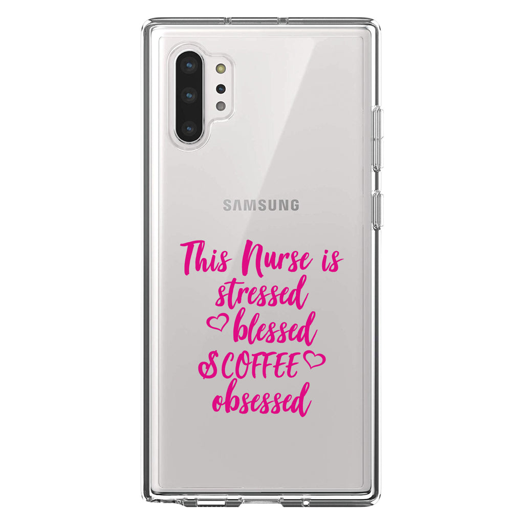 Nurse Is Stressed Blessed & Coffee Obsessed, Pink Clear Shockproof iPhone Case, view 10