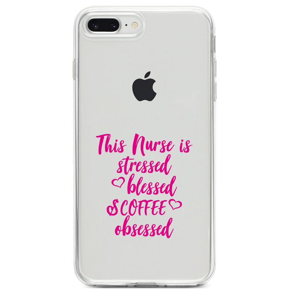Nurse Is Stressed Blessed & Coffee Obsessed, Pink Clear Shockproof iPhone Case, view 6