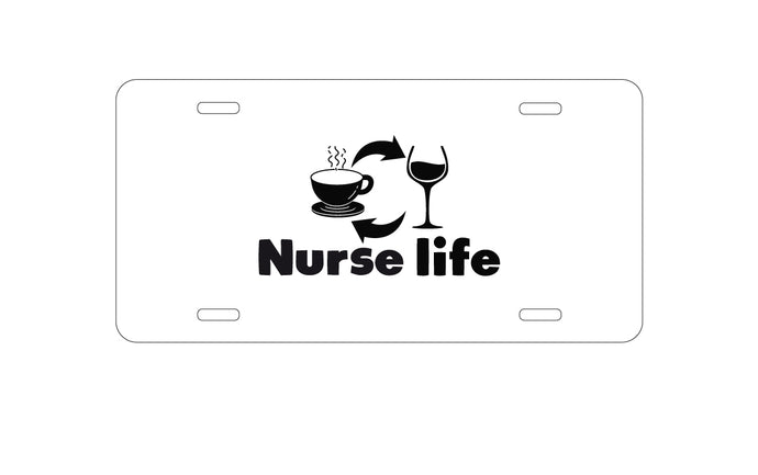 DistinctInk Custom Aluminum Decorative Vanity Front License Plate - Nurse Life - Coffee, Wine, Repeat