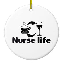 DistinctInk® Hanging Ceramic Christmas Tree Ornament with Gold String - Great Gift / Present - 2 3/4 inch Diameter - Nurse Life - Coffee, Wine, Repeat