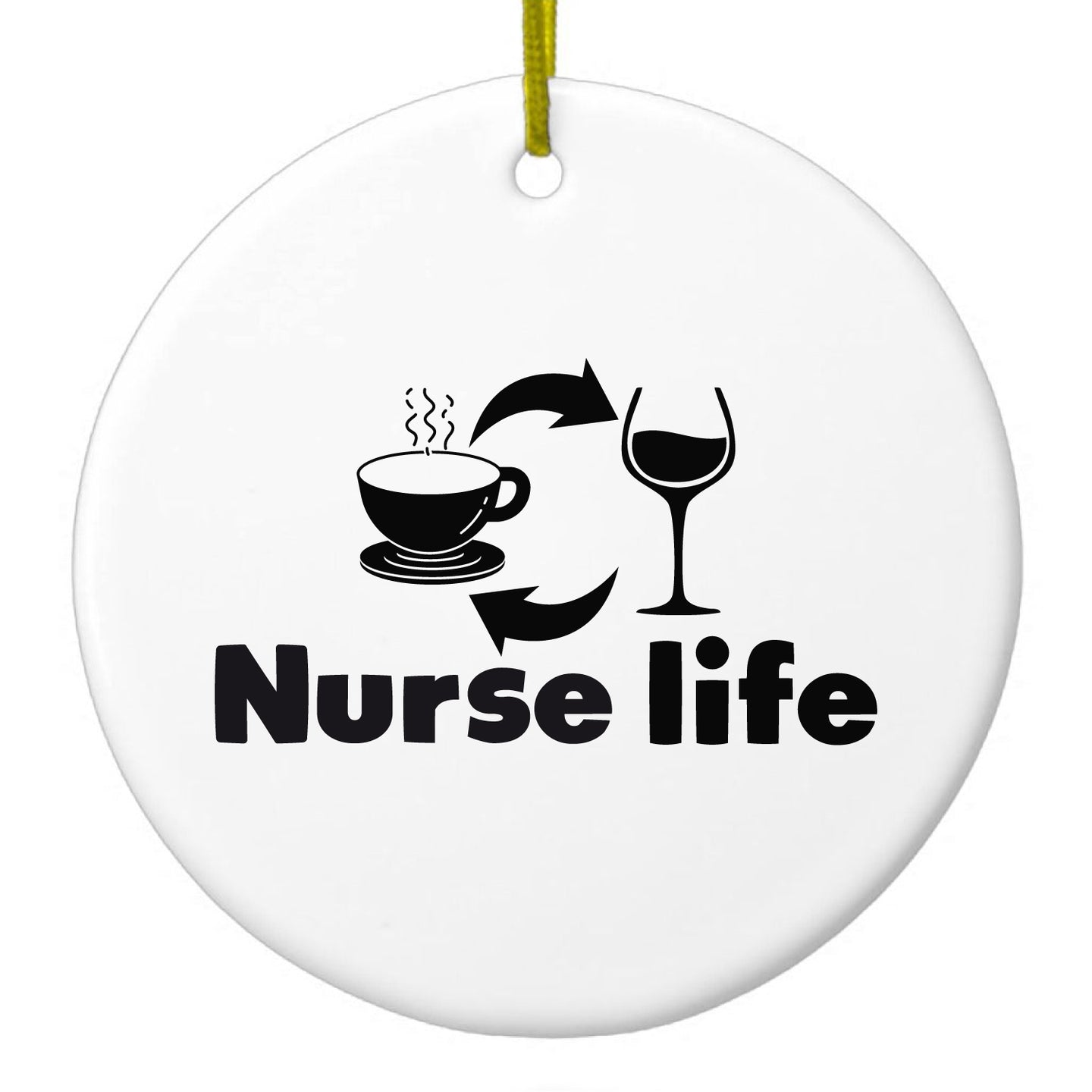 DistinctInk® Hanging Ceramic Christmas Tree Ornament with Gold String - Great Gift / Present - 2 3/4 inch Diameter - Nurse Life - Coffee, Wine, Repeat