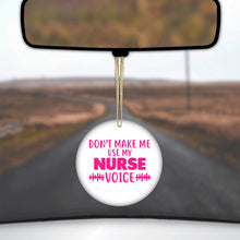 DistinctInk® Hanging Ceramic Christmas Tree Ornament with Gold String - Great Gift / Present - 2 3/4 inch Diameter - Don't Make Me Use My Nurse Voice - Pink