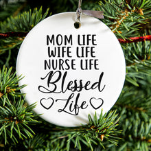 DistinctInk® Hanging Ceramic Christmas Tree Ornament with Gold String - Great Gift / Present - 2 3/4 inch Diameter - Mom Life Wife Life Nurse Life Blessed