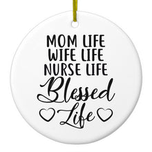 DistinctInk® Hanging Ceramic Christmas Tree Ornament with Gold String - Great Gift / Present - 2 3/4 inch Diameter - Mom Life Wife Life Nurse Life Blessed