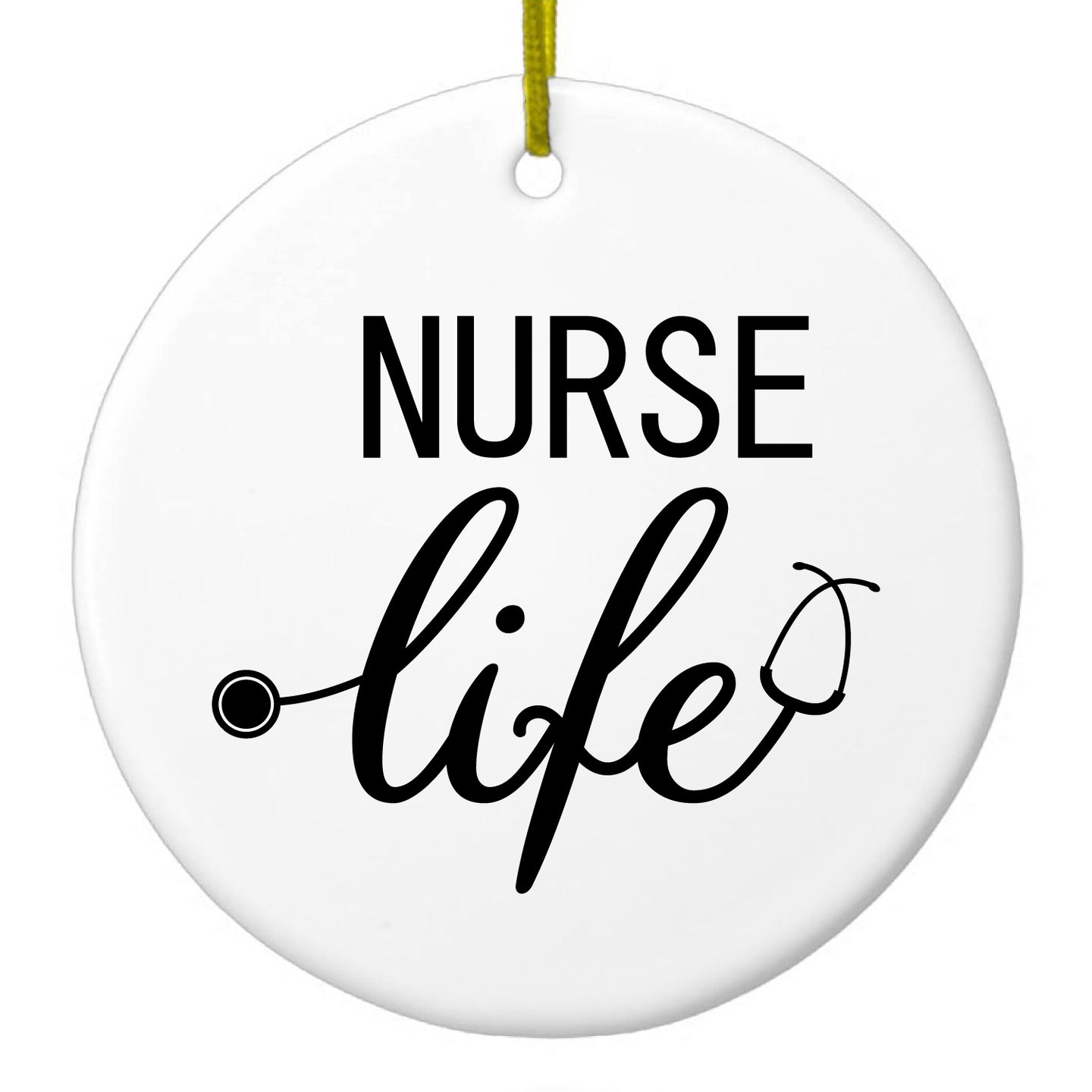 DistinctInk® Hanging Ceramic Christmas Tree Ornament with Gold String - Great Gift / Present - 2 3/4 inch Diameter - Nurse Life Stethoscope Black