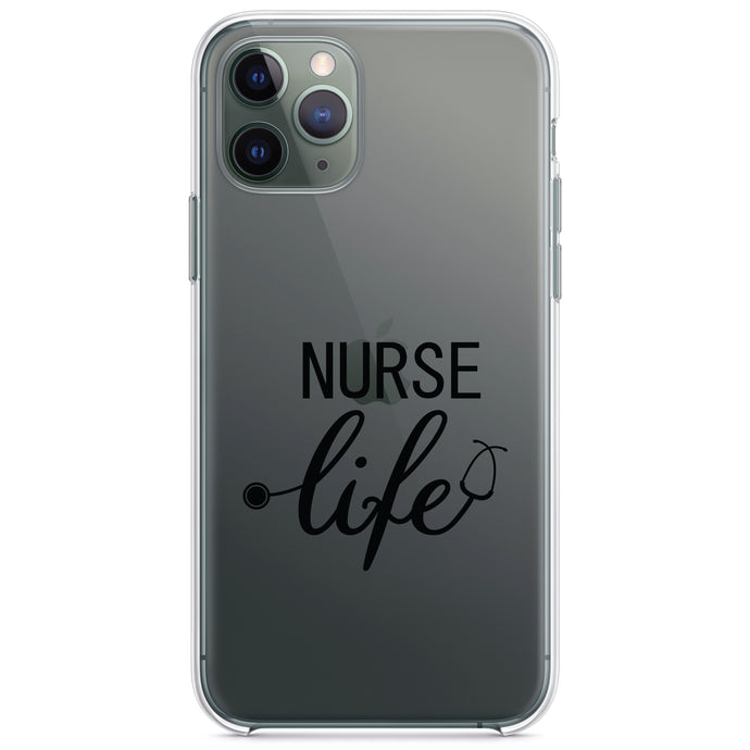 DistinctInk® Clear Shockproof Hybrid Case for Apple iPhone / Samsung Galaxy / Google Pixel - Nurse Life Stethoscope Black