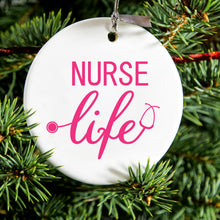 DistinctInk® Hanging Ceramic Christmas Tree Ornament with Gold String - Great Gift / Present - 2 3/4 inch Diameter - Nurse Life Stethoscope Pink