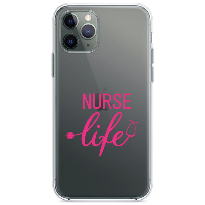 DistinctInk® Clear Shockproof Hybrid Case for Apple iPhone / Samsung Galaxy / Google Pixel - Nurse Life Stethoscope Pink