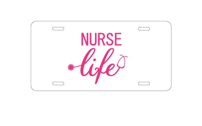 DistinctInk Custom Aluminum Decorative Vanity Front License Plate - Nurse Life Stethoscope Pink