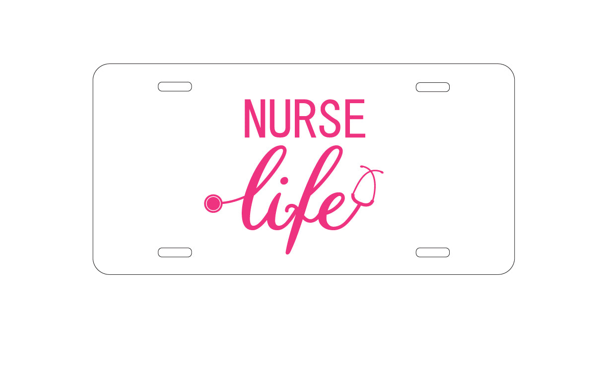 DistinctInk Custom Aluminum Decorative Vanity Front License Plate - Nurse Life Stethoscope Pink