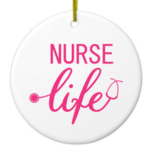 DistinctInk® Hanging Ceramic Christmas Tree Ornament with Gold String - Great Gift / Present - 2 3/4 inch Diameter - Nurse Life Stethoscope Pink