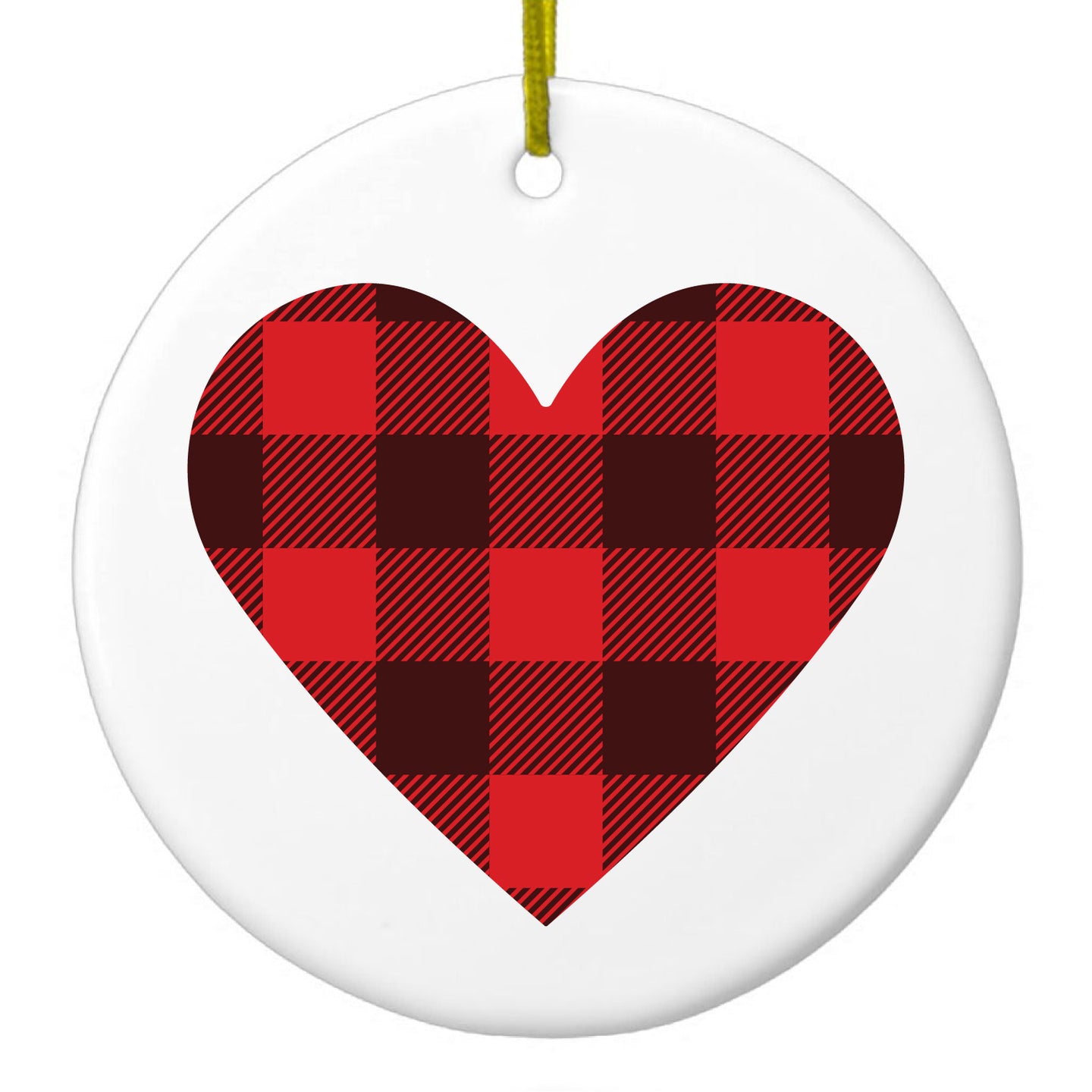 DistinctInk® Hanging Ceramic Christmas Tree Ornament with Gold String - Great Gift / Present - 2 3/4 inch Diameter - Buffalo Heart - Red Black Plaid