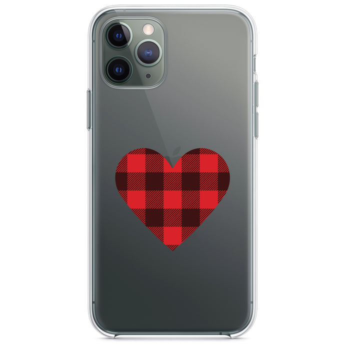 DistinctInk® Clear Shockproof Hybrid Case for Apple iPhone / Samsung Galaxy / Google Pixel - Buffalo Heart - Red Black Plaid