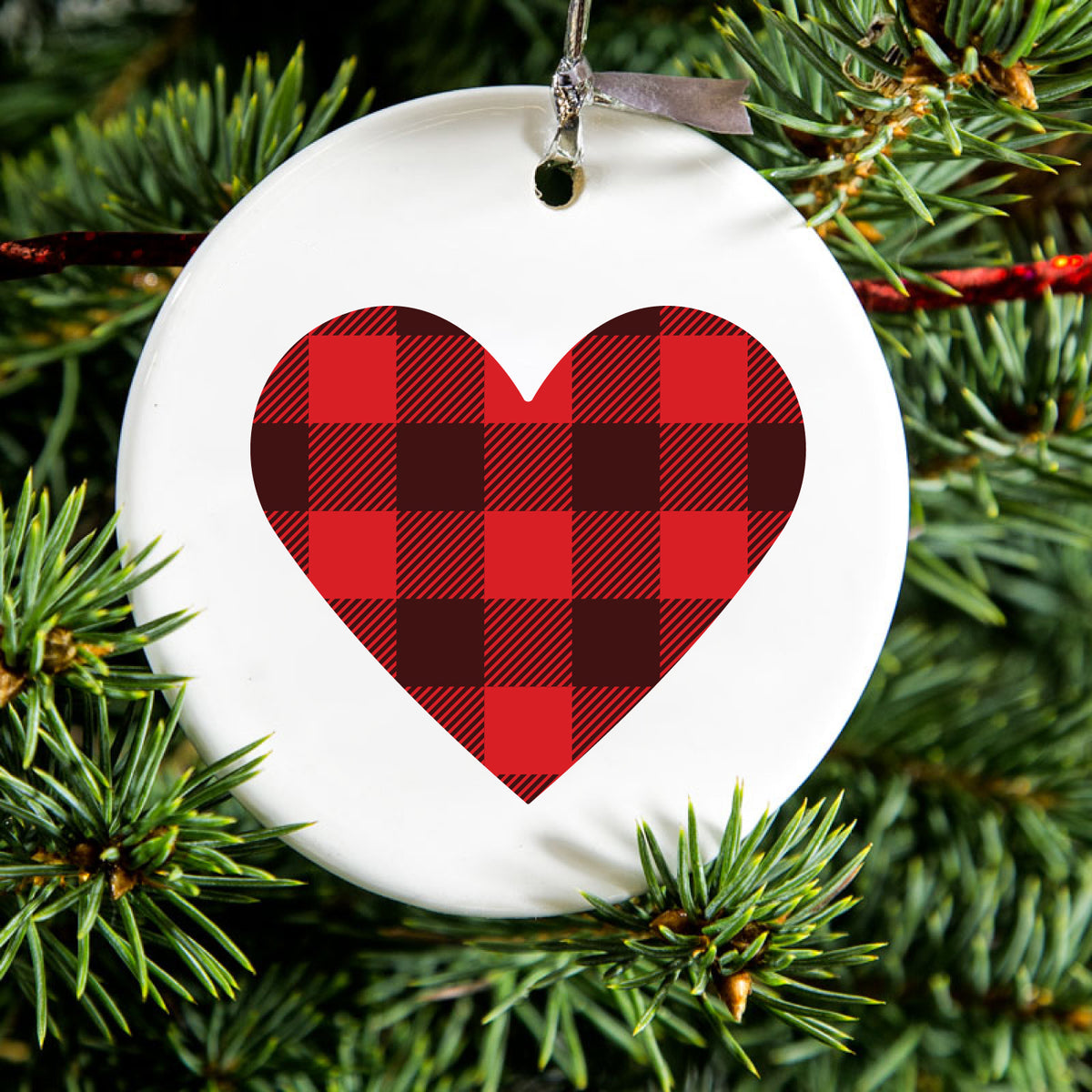 Red Black Plaid Ceramic Ornament, view 2