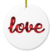 DistinctInk® Hanging Ceramic Christmas Tree Ornament with Gold String - Great Gift / Present - 2 3/4 inch Diameter - Buffalo Love - Red Black Plaid